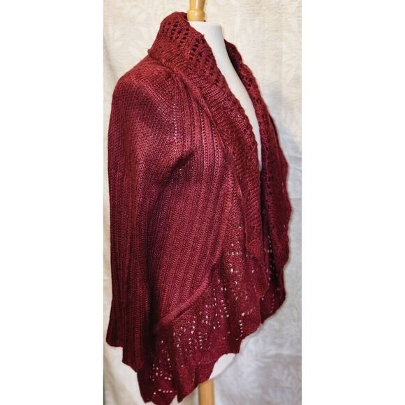 C0 NY Collection Open Drape Front burgundy Sweater Cardigan Crocheted Loose Knit - Picture 2 of 6
